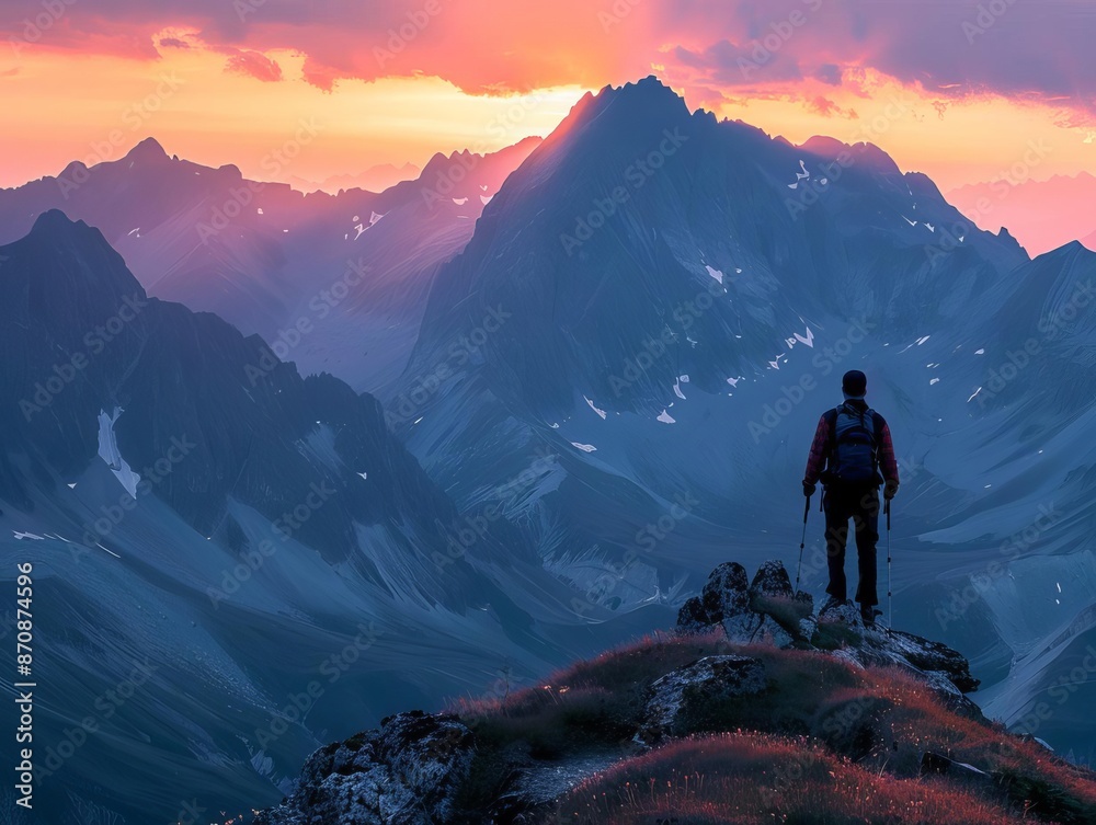 Fototapeta premium The mountain climber reaches the summit and is rewarded with a breathtaking view.