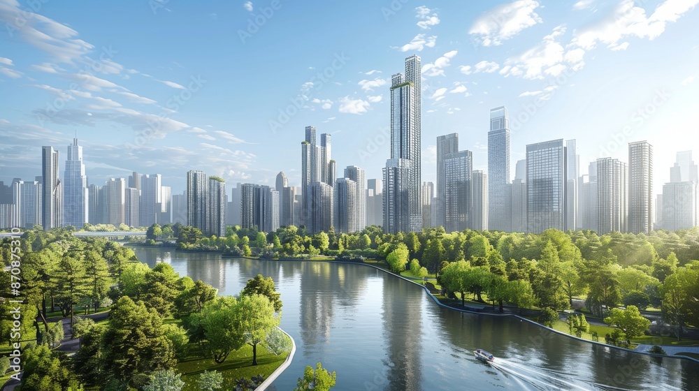 Naklejka premium Concept of a sustainable green city based on green energy and eco-industry. Future skyscrapers and modern buildings.
