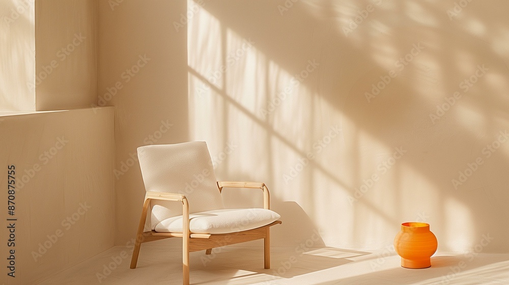 Obraz premium Soft chair with wooden frame white cushion sitting in room with blank wall large windows, Nordic Swedish Scandinavian Danish