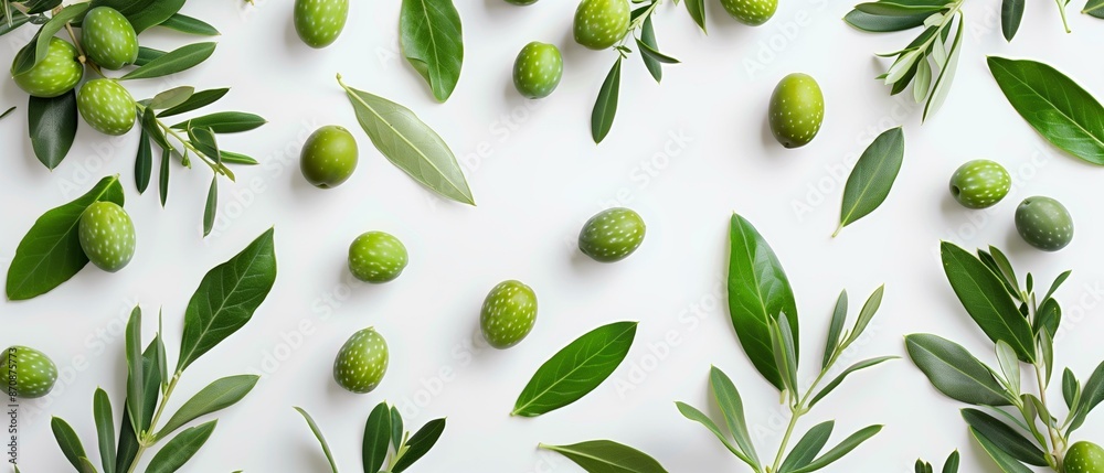 Green olives olive leaves on white background, organic fresh Spanish healthy Green olives olive leaves on white background, organic fresh Spanish healthy