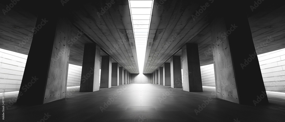 Long dark concrete hallway with bright light at end hall, ceiling floor ...