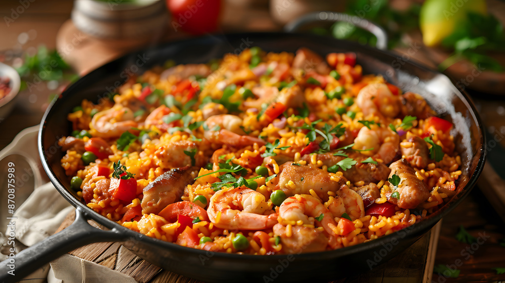 Freshly prepared paella with chicken and shrimp. Generative by AI Freshly prepared paella with chicken and shrimp. Generative by AI