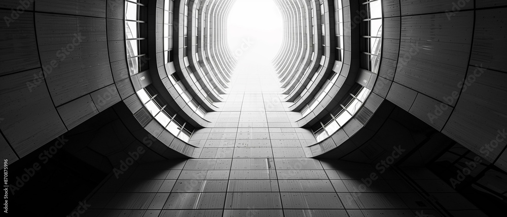Fototapeta premium Black white inside cylindrical building, geometric minimal light indoors