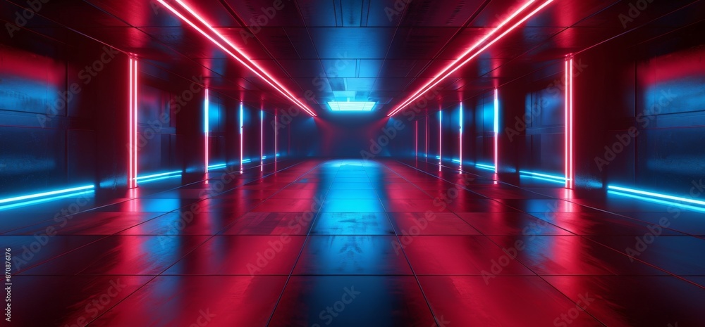 Detailed 3D Rendering of a Triangle Neon Laser Fluorescent Red Blue Glowing Sci Fi Futuristic Warehouse Hangar Spaceship Steel Metal Frame Stainless Steel Interior Corridor Tunnel Dark Underground Detailed 3D Rendering of a Triangle Neon Laser Fluorescent Red Blue Glowing Sci Fi Futuristic Warehouse Hangar Spaceship Steel Metal Frame Stainless Steel Interior Corridor Tunnel Dark Underground