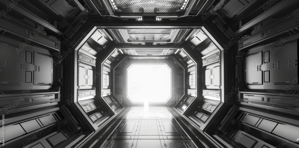Obraz premium The entrance to a futuristic modern garage showroom tunnel. 3D illustration of the entrance