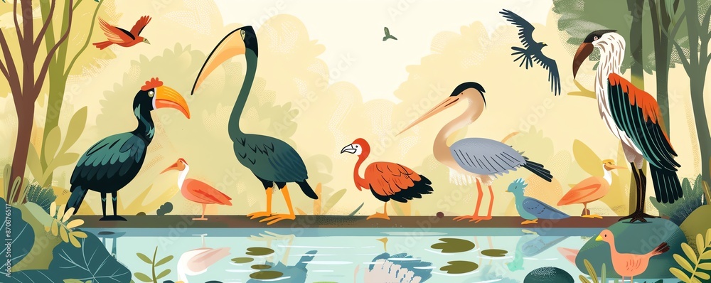 Naklejka premium Bird sanctuary, various species in habitat, flat design illustration