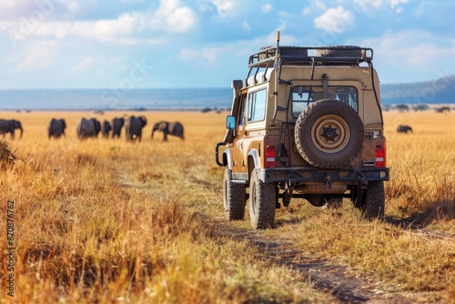 Jeep de safari atravesando la sabana africana, con elefantes y jirafas en el horizonte