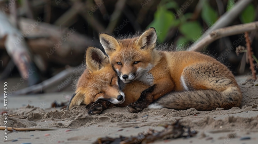 A close-up view of a wild baby red fox cuddling on the beach. Ai generated image