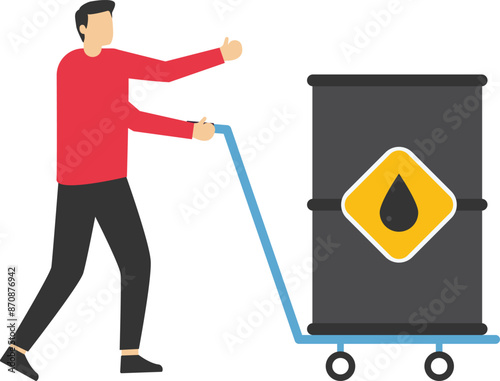 Crude oil investment, buy oil stock to make profit, fuel, power or energy company concept, businessman investor buying crude oil gallon in shopping cart trolley.

