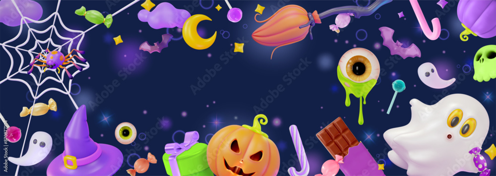 Fototapeta premium 3d Halloween Concept Banner or Party Invitation Background Place for Text Cartoon Design Style. Vector illustration