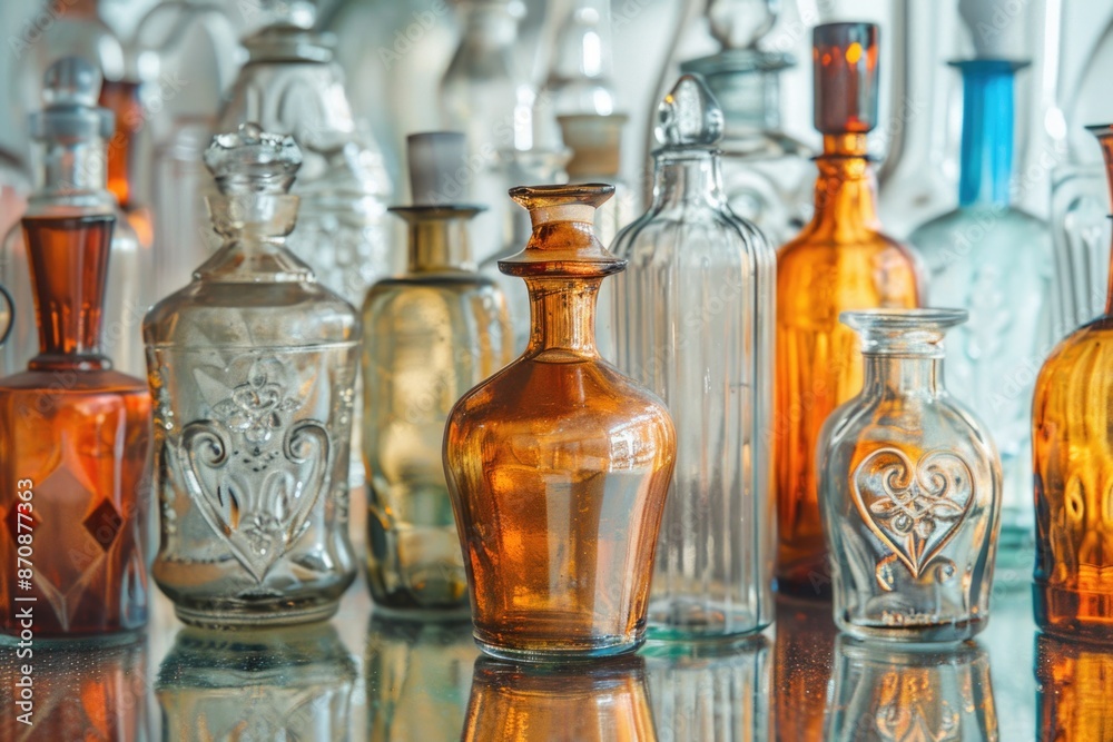 A collection of glass bottles resting on a flat surface A collection of glass bottles resting on a flat surface