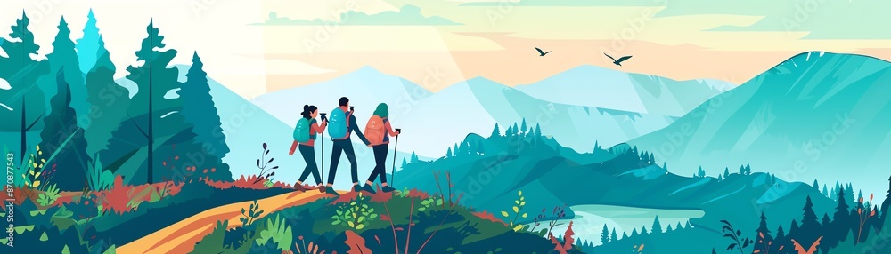 Fototapeta premium Nature trail with hikers, scenic route, flat design illustration