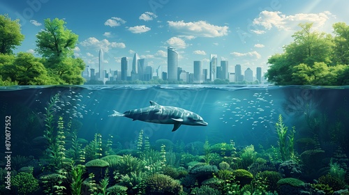 A bustling city skyline above and a serene underwater scene below, featuring marine life such as fish and a central whale swimming amongst aquatic plants. © asayenka