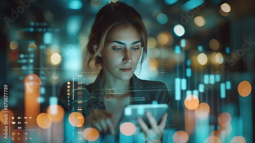 Digital Strategy. Businesswoman Analyzing Charts and Graphs