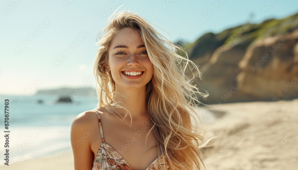 Joyful young blonde woman walks along the coast in summer. Outdoors pursuit. Beautiful girl on the beach.
Joyful young blonde woman walks along the coast in summer. Outdoors pursuit. Beautiful girl on the beach.