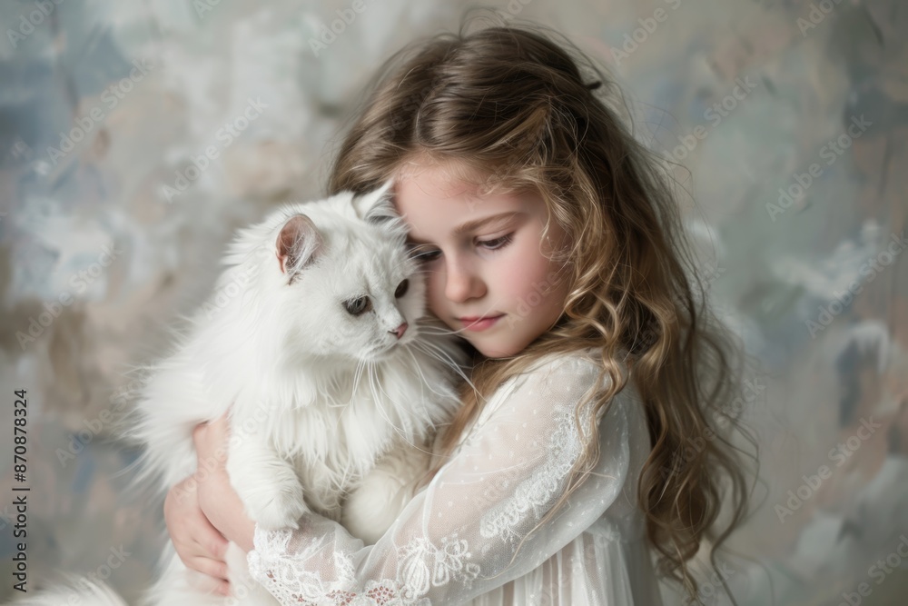 A young girl cradles a white cat in her arms, a heartwarming scene of innocence and companionship A young girl cradles a white cat in her arms, a heartwarming scene of innocence and companionship