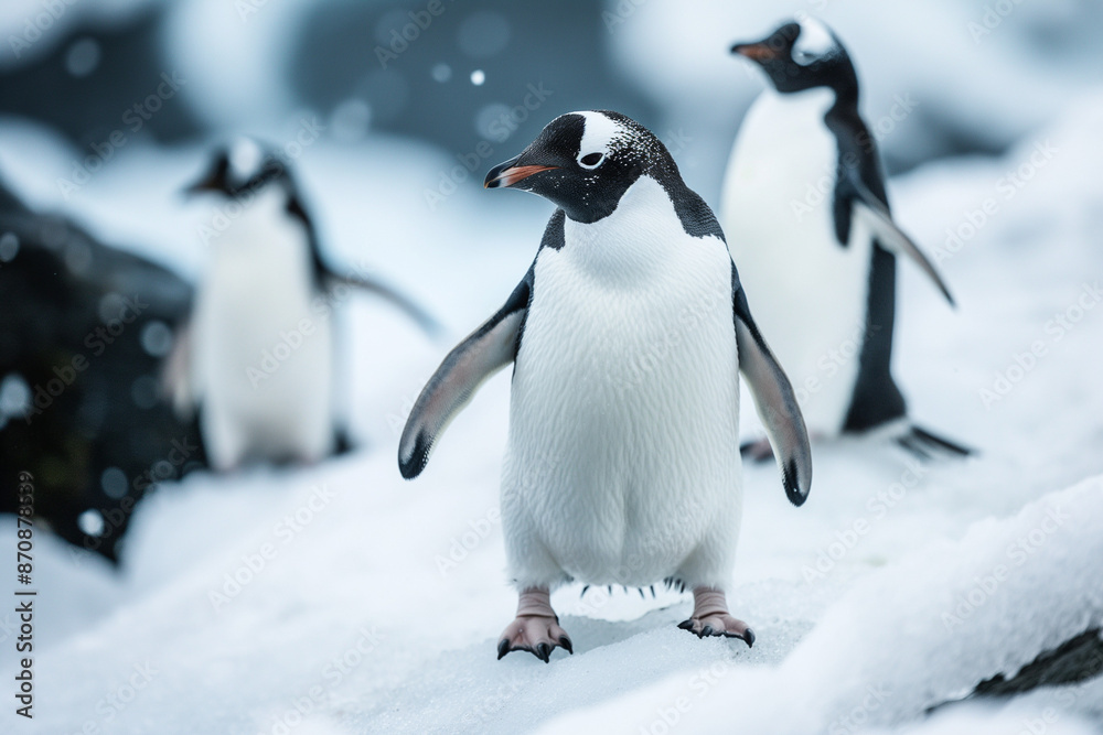 Fototapeta premium Penguins in the arctic walking around snow area.