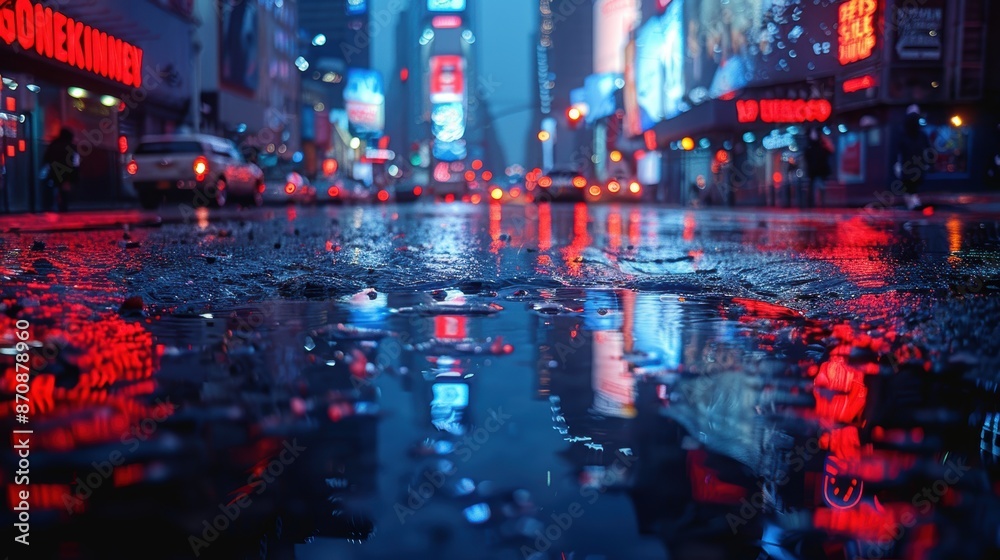 Urban puddle reflecting city lights at night, 8K, Ultra HD Urban puddle reflecting city lights at night, 8K, Ultra HD