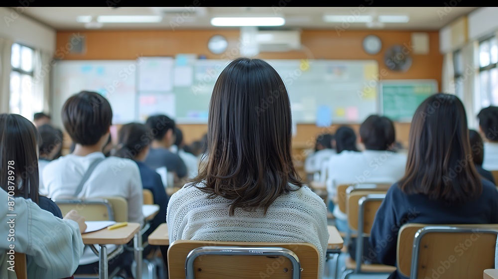 Photo of high school students taking an exam in a classroom, with whiteboards and blackboards in the background. The scene depicts a Japanese high school. Taken from the front view, with blurred Photo of high school students taking an exam in a classroom, with whiteboards and blackboards in the background. The scene depicts a Japanese high school. Taken from the front view, with blurred