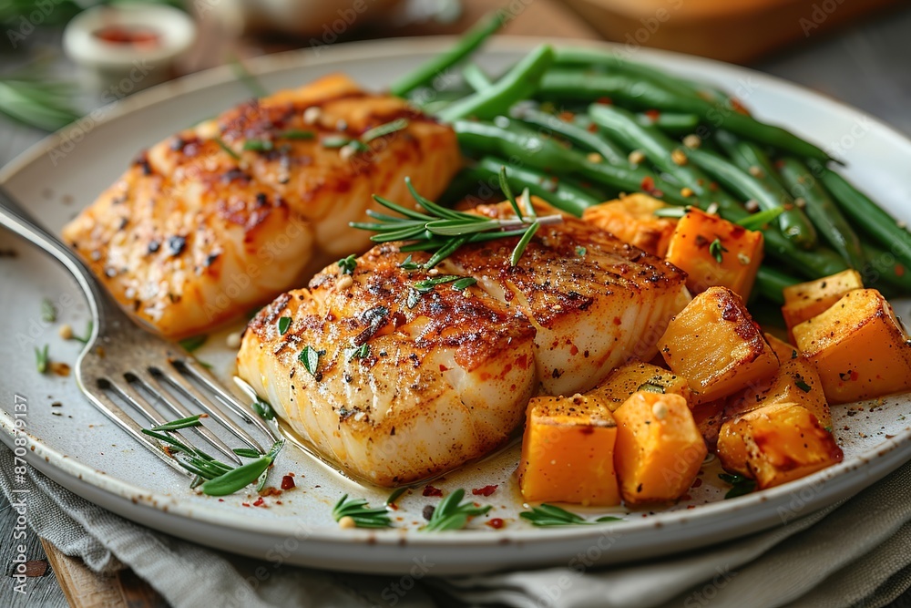 Photo of swordfish fillet with green beans and sweet potato on a white plate, with a fork, knife and napkin on a wooden background Photo of swordfish fillet with green beans and sweet potato on a white plate, with a fork, knife and napkin on a wooden background