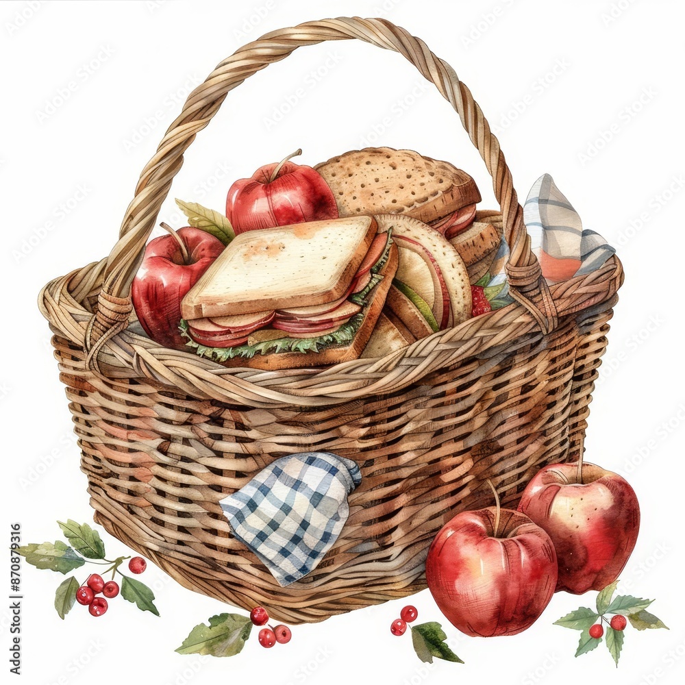 Picnic basket full of fresh fruits and sandwiches