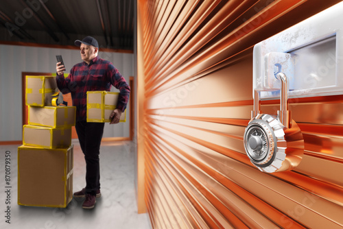 Storage unit. Man with boxe...