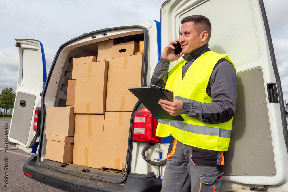 Man courier talking on phone. Postman near minivan with boxes. Cardboard parcels in delivery vehicle. Modern postman in yellow vest. Courier man calls customer. Happy postman standing in parking lot Man courier talking on phone. Postman near minivan with boxes. Cardboard parcels in delivery vehicle. Modern postman in yellow vest. Courier man calls customer. Happy postman standing in parking lot