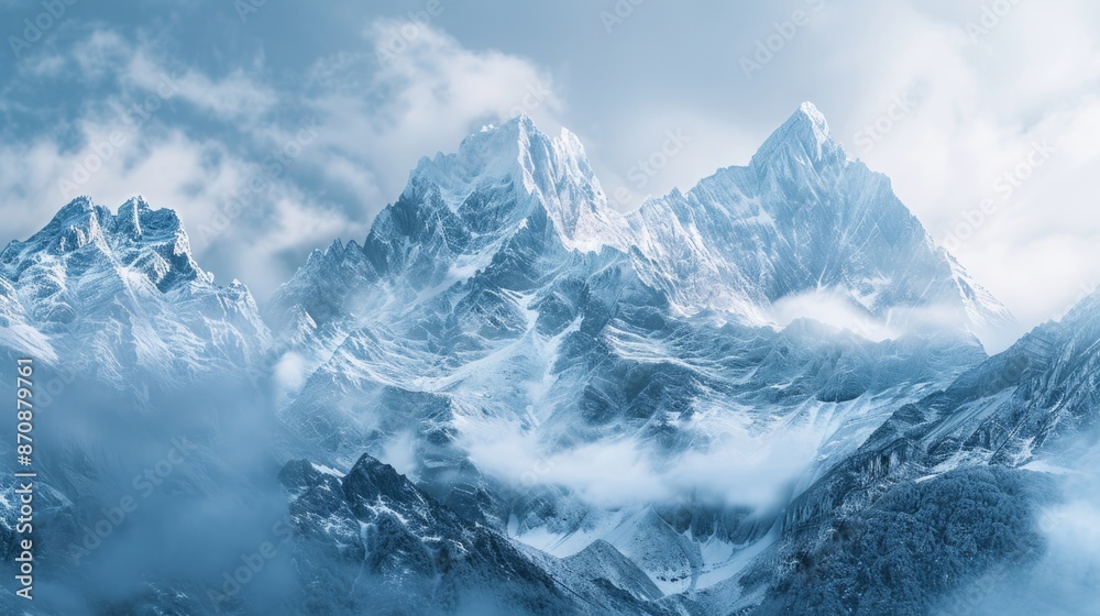 A scenic view of snow-covered mountains shrouded in cloud cover, perfect for winter or nature-themed designs A scenic view of snow-covered mountains shrouded in cloud cover, perfect for winter or nature-themed designs