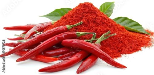 Red chili powder and whole red chilies and leaves, on a white background photo