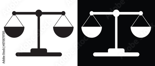 Scale icon vector. Scales of justice law flat design icon. Vintage scale in balance and equilibrium. Vector illustration. Two-tone version on black and white background.
