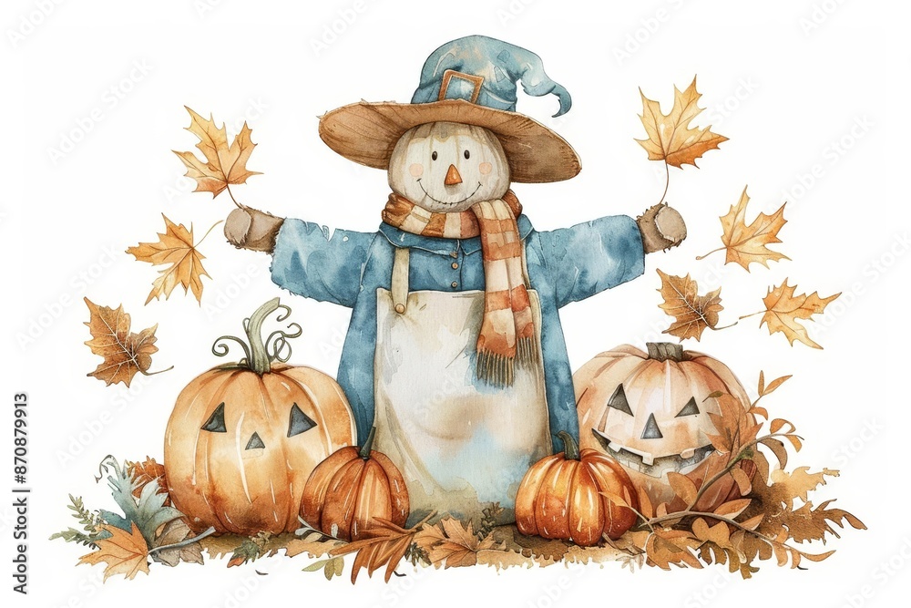 Fototapeta premium watercolor scarecrow with pumpkins