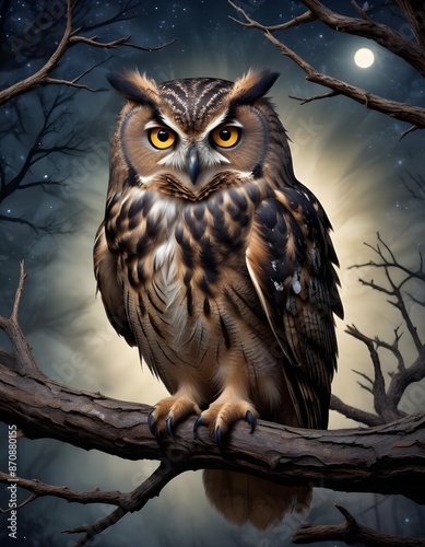 Upon a tree branch in the stillness of the night a wise old owl gazes solemnly with its piercing eyes and its feathers ruffled gently by the whispering wind © Hdesigns