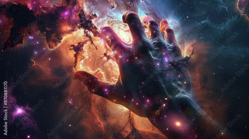 Fototapeta premium Hand grasping a glowing celestial body in space