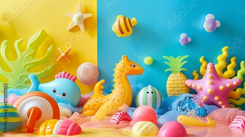 Vibrant Underwater-Themed Play Space for Kids with Toys and Colorful Backgrounds photo