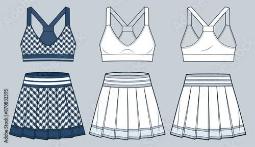 Set of Sports Bra, Skirts technical fashion illustration, houndstooth pattern. Pleated Skirt fashion flat technical drawing template, mini, slim fit, front and back view, white, blue, women CAD mockup