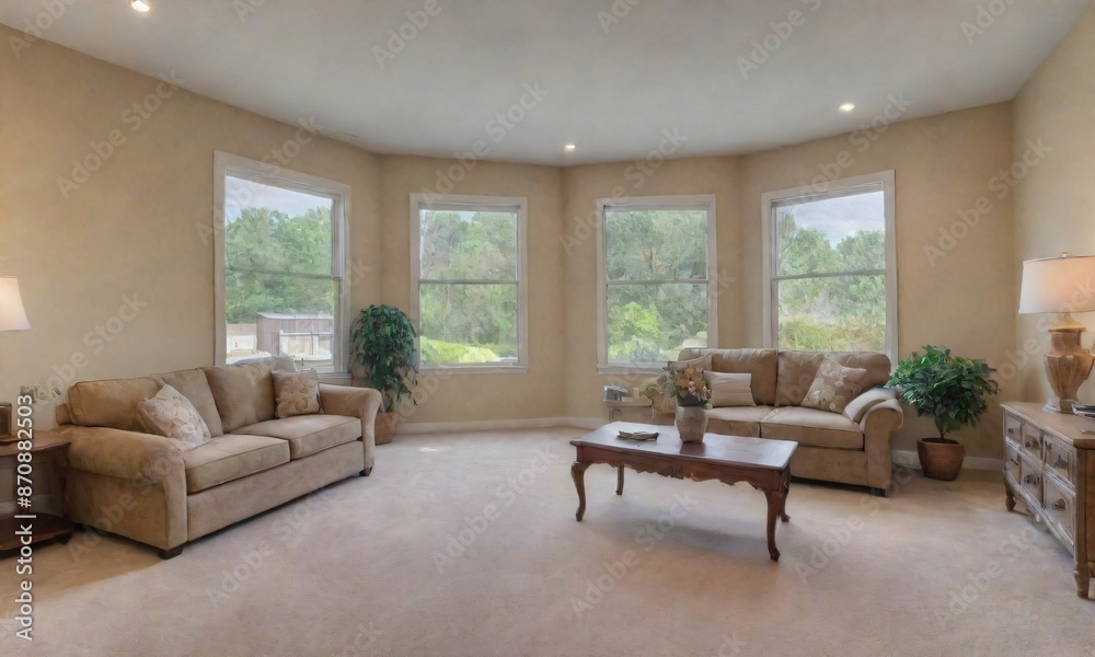 Fototapeta premium An image of a living room with a large bay window