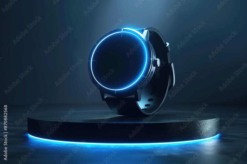 3D icon of a smartwatch on a podium, with a blue glow effect, minimalistic background, dark color palette, hyper realistic 3D icon of a smartwatch on a podium, with a blue glow effect, minimalistic background, dark color palette, hyper realistic