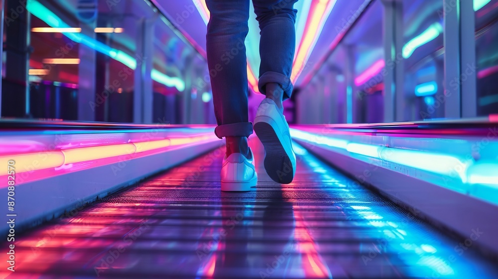 Fototapeta premium Walking into the Future: Neon Lights and Stylish Sneakers in a Modern Tunnel