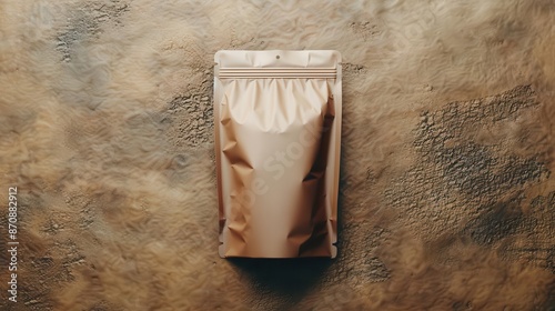 Create a photorealistic image of a brown paper bag on a marble surface. The bag should be slightly wrinkled and have a small tear near the top. photo