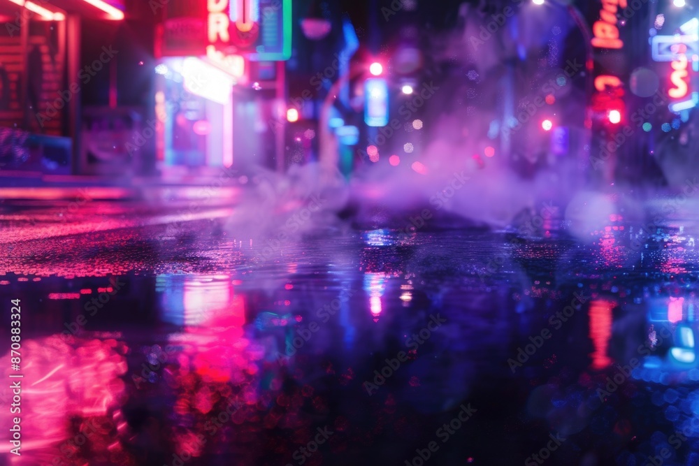 Urban landscape at night with vibrant neon lights and bustling city activity Urban landscape at night with vibrant neon lights and bustling city activity