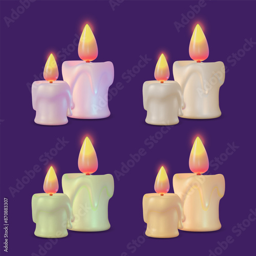3d Different Color Burning Wax Candle Set Concept Cartoon Design Style. Vector illustration of Candles for Celebration or Aromatherapy