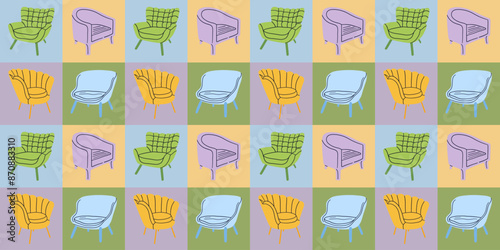 Vector seamless pattern with comfortable soft armchairs. Endless texture with repeating print. Isolated handmade furniture design on white background.
