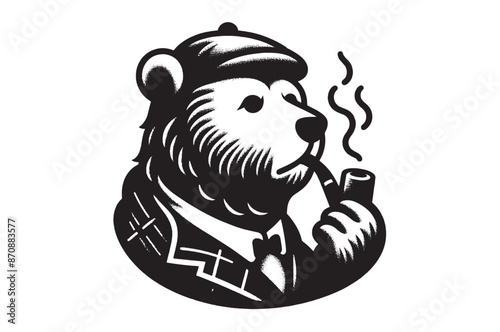 Bear smoking a pipe. Detective. Vintage black engraving vector illustration. Emblem. Line art