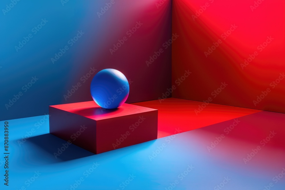 Obraz premium A small blue ball sits on top of a red box, waiting to be moved or played with