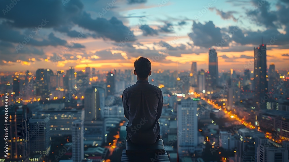 CEO Overlooking City Skyline at Sunset Contemplating Corporate Strategy CEO Overlooking City Skyline at Sunset Contemplating Corporate Strategy