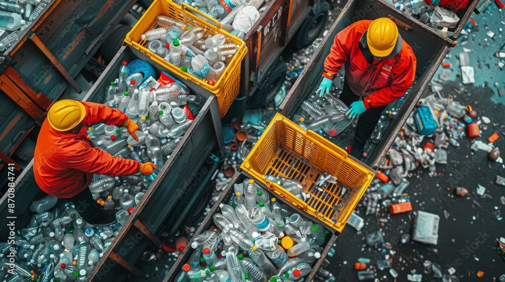 Obraz premium Workers Sorting Plastic Bottles at a Recycling Facility. Generative ai
