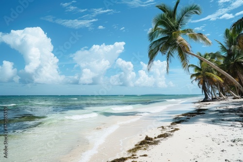 Paisaje Arena blanca y palmeras bajo un cielo azul en una playa del Caribe, con el agua turquesa y olas suaves.