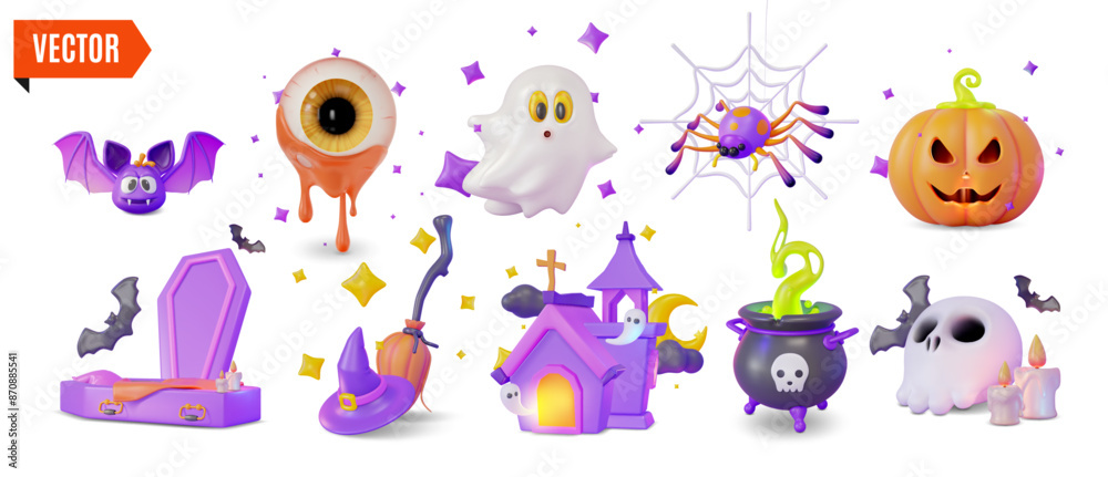 Obraz premium 3d Happy Halloween Concept Set Cartoon Design Style Include of Coffin, Skull, Bat, Eyeball Candy and Pumpkin. Vector illustration
