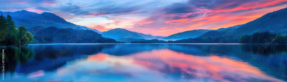 Serene mountain lake reflecting a vibrant sunset with dramatic clouds, surrounded by lush forests and towering peaks. Serene mountain lake reflecting a vibrant sunset with dramatic clouds, surrounded by lush forests and towering peaks.