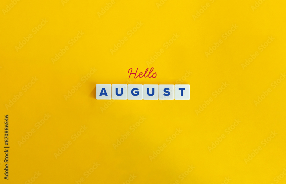 Hello August Message. Cursive Font and Text on Block Letter Tiles and Icon on Flat Background. Minimalist Aesthetics. Hello August Message. Cursive Font and Text on Block Letter Tiles and Icon on Flat Background. Minimalist Aesthetics.